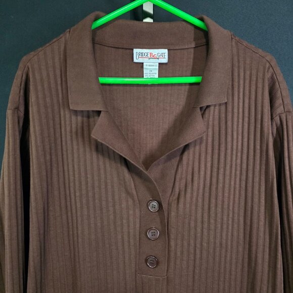 Vintage Ribbed Knit Tunic Top Womens Plus 2X Brown 90s Oversized Polo Grunge - Picture 2 of 5